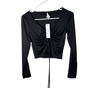 Live In The Moment Cropped Shirt Women's Medium Black Tie Open Keyhole